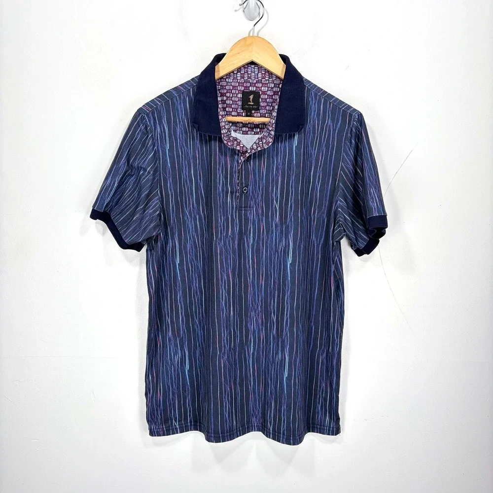 1 Like No Other Polo Shirt Men Medium Blue Striped Polyester Stretch Contrast